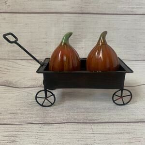 Fall Pumpkin Salt and Pepper Shaker Set in a Wagon Holder Autumn Cart Home Dinin